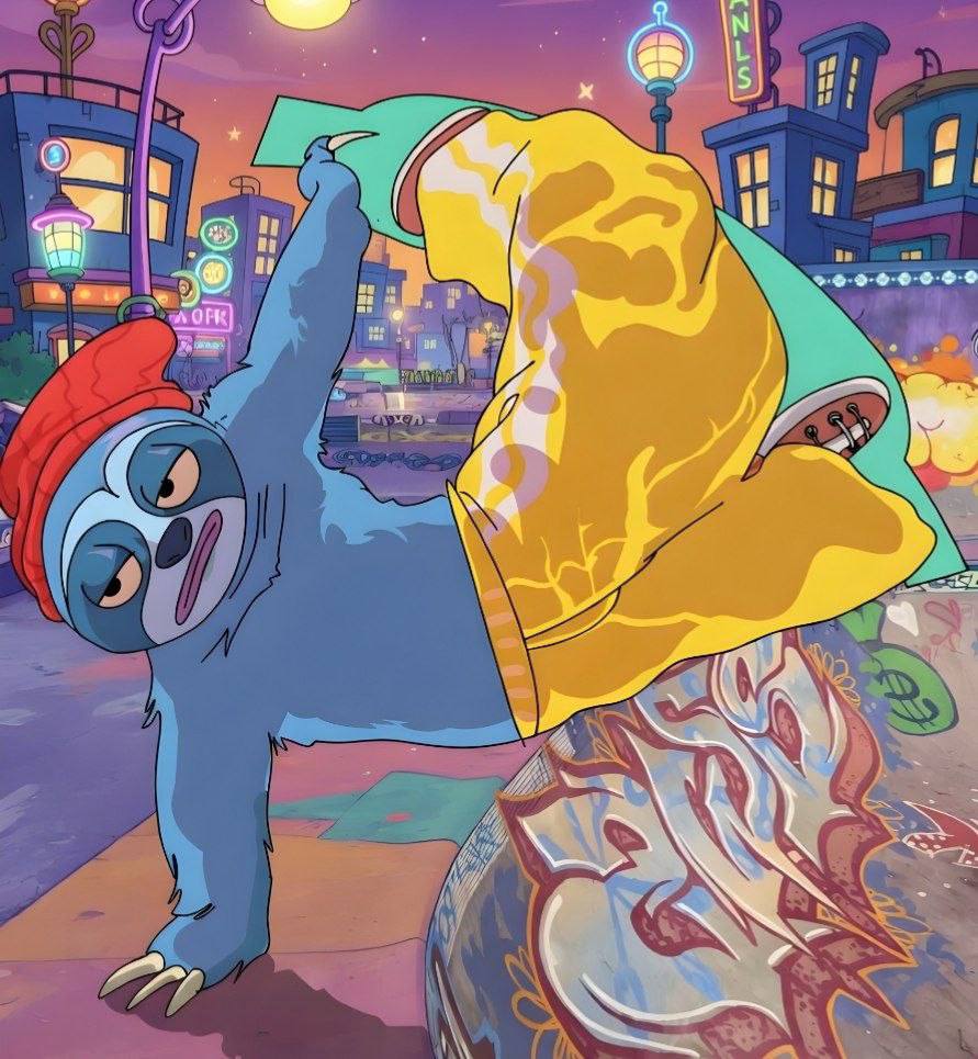 VORG breakdancing on a neon city street