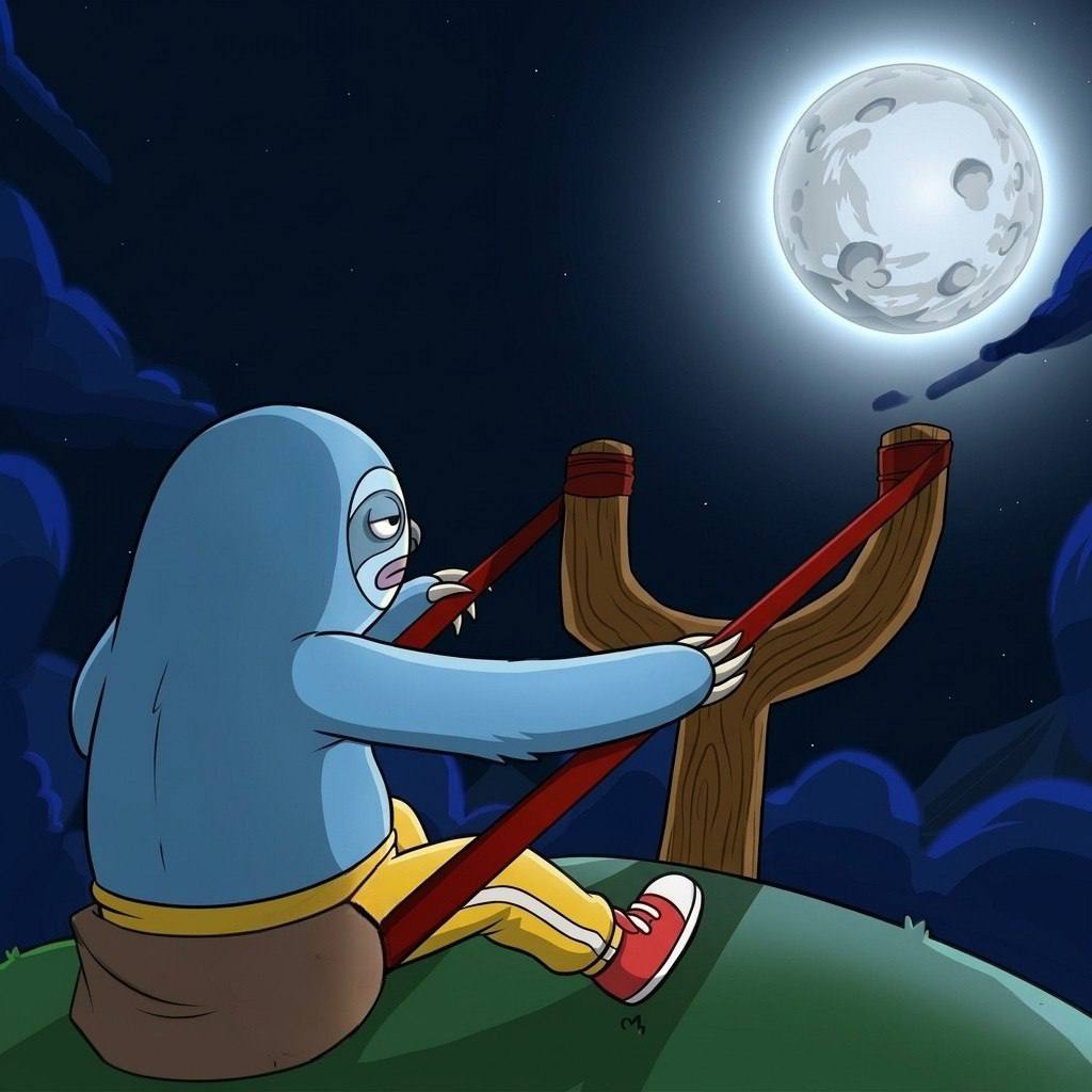 VORG pulling back a giant slingshot aimed at the moon